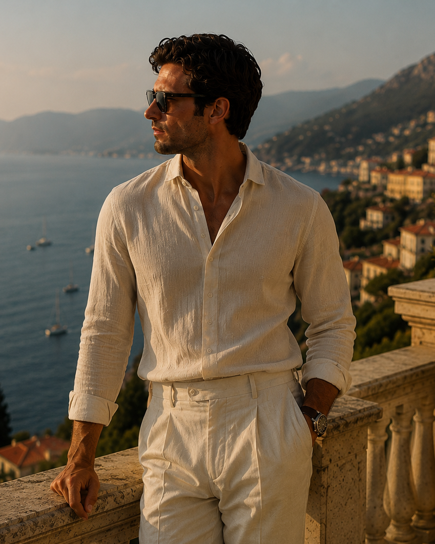 A man wearing a light cream linen button-down shirt and matching trousers stands on a stone terrace overlooking a scenic coastal town and sea at sunset.