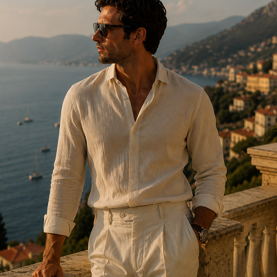 A man wearing a light cream linen button-down shirt and matching trousers stands on a stone terrace overlooking a scenic coastal town and sea at sunset.