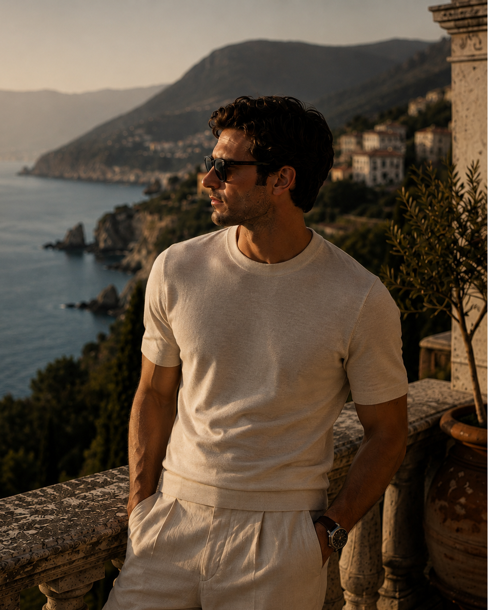 A man wearing a cream-colored short-sleeve knit crewneck sweater and matching cream trousers stands on a stone balcony overlooking a scenic coastal landscape at sunset.