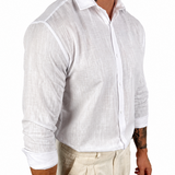 A man wearing a white long-sleeve linen button-down shirt and light beige trousers, shown from the waist up against a plain white background.