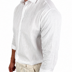 A man wearing a white long-sleeve linen button-down shirt and beige trousers, shown from the side against a plain white background.