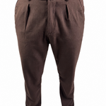 A pair of men's brown pleated trousers shown on a model from the waist down, paired with beige shoes against a plain white background.