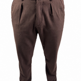 A pair of men's brown pleated trousers shown on a model from the waist down, paired with beige shoes against a plain white background.