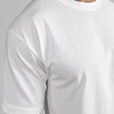 A man wearing a plain white short-sleeve crewneck t-shirt, paired with light beige trousers, shown from the neck down against a neutral gray background.